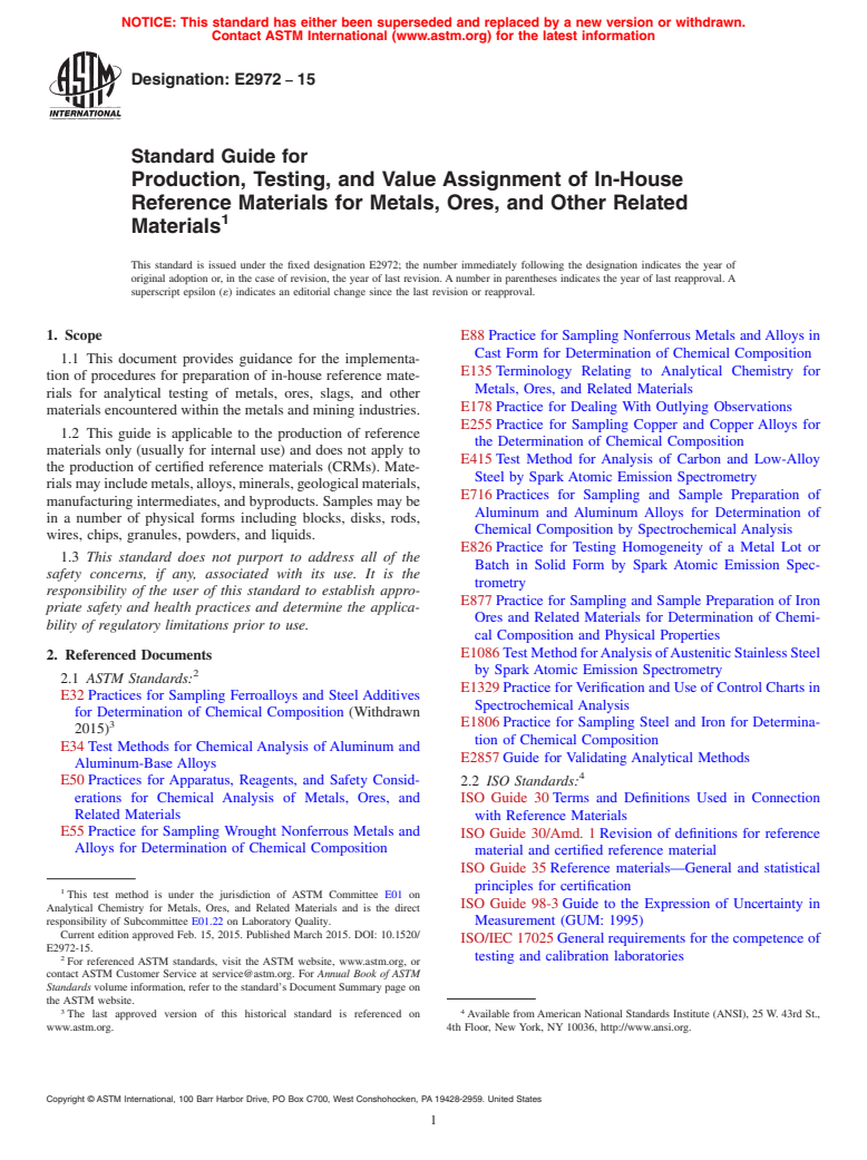 ASTM E2972-15 - Standard Guide for Production, Testing, and Value Assignment of In-House Reference  Materials for Metals, Ores, and Other Related Materials