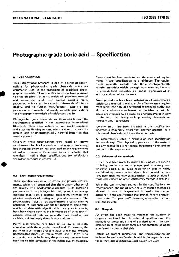 ISO 3628:1976 - Photographic grade boric acid --  Specification