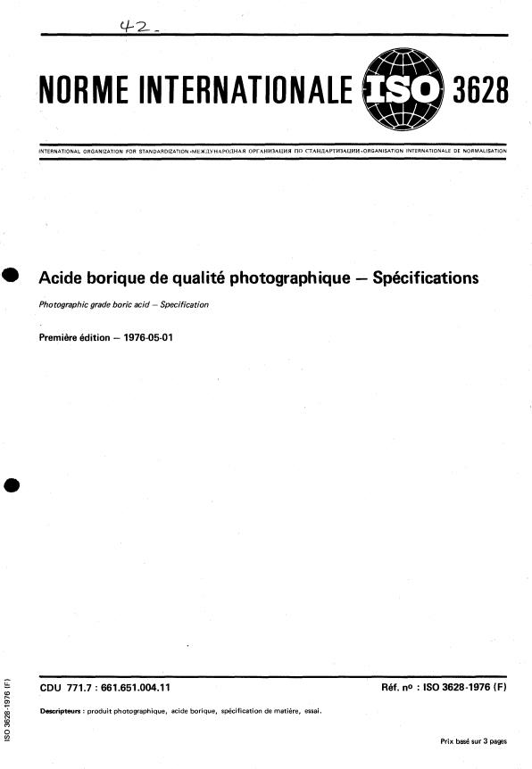 ISO 3628:1976 - Acide borique de qualité photographique -- Spécifications