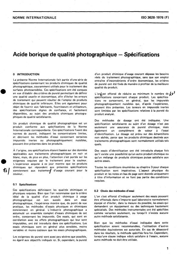 ISO 3628:1976 - Acide borique de qualité photographique -- Spécifications