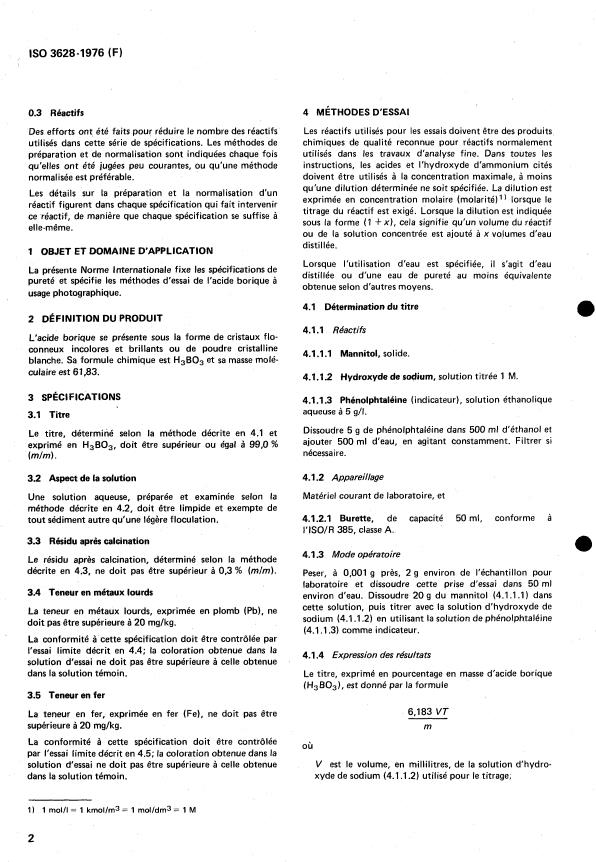 ISO 3628:1976 ISO 3628:1976 - Acide borique de qualité photographique -- Spécifications - Page 4 preview