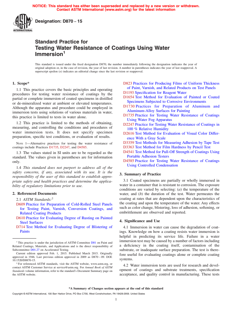 ASTM D870-15 - Standard Practice for Testing Water Resistance of Coatings Using Water Immersion
