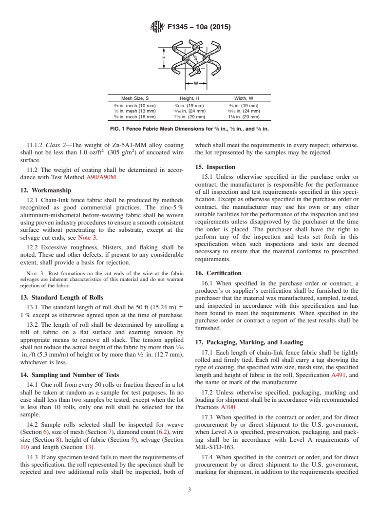 ASTM F1345-10a(2015) - Standard Specification for Zinc-5% Aluminum-Mischmetal Alloy-Coated Steel Chain-Link Fence Fabric
