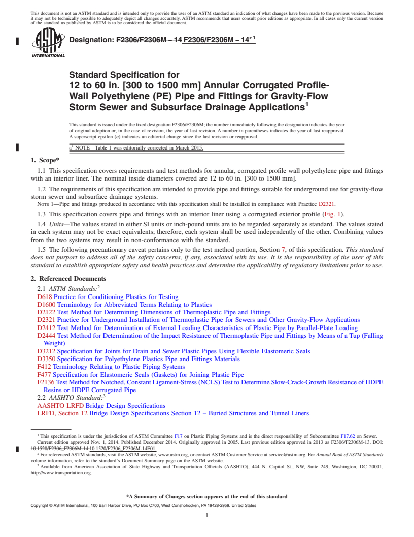REDLINE ASTM F2306/F2306M-14e1 - Standard Specification for  12 to 60 in. [300 to 1500 mm] Annular Corrugated Profile-Wall   Polyethylene (PE) Pipe and Fittings for Gravity-Flow Storm Sewer  and  Subsurface Drainage Applications