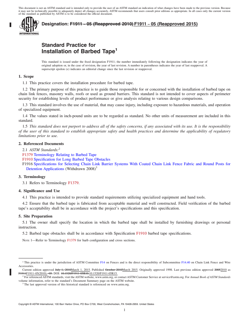 REDLINE ASTM F1911-05(2015) - Standard Practice for  Installation of Barbed Tape