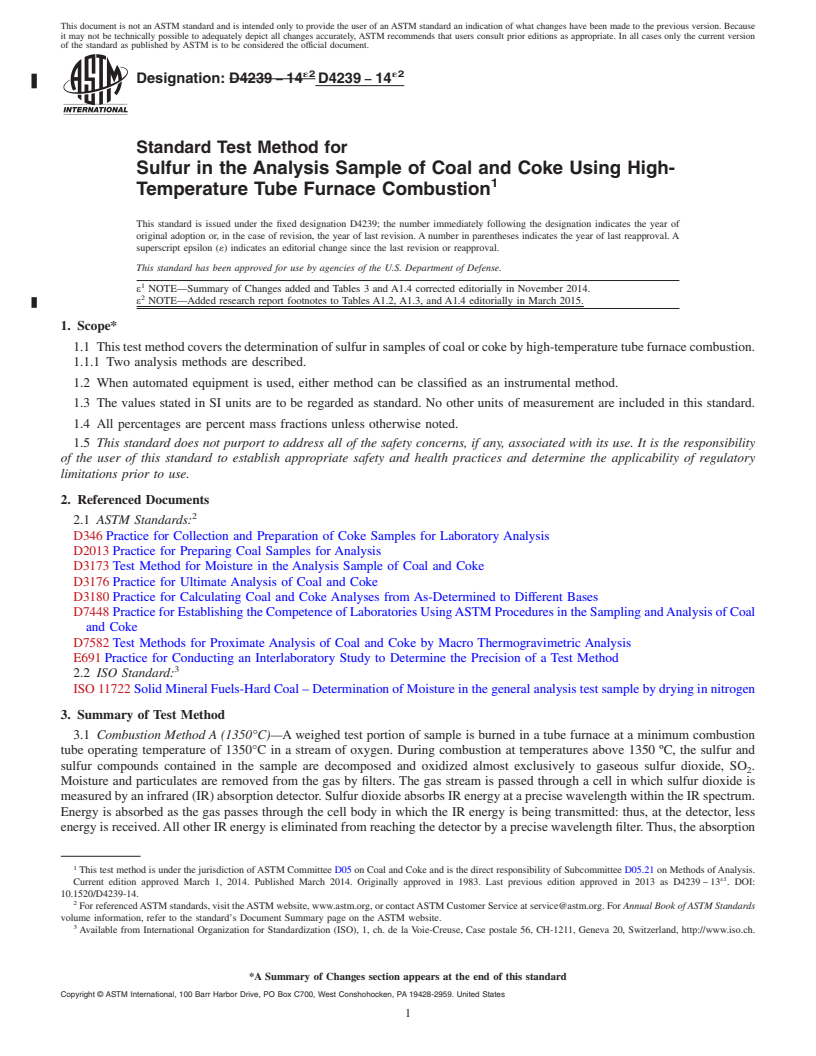 REDLINE ASTM D4239-14e2 - Standard Test Method for  Sulfur in the Analysis Sample of Coal and Coke Using High-Temperature  Tube Furnace Combustion