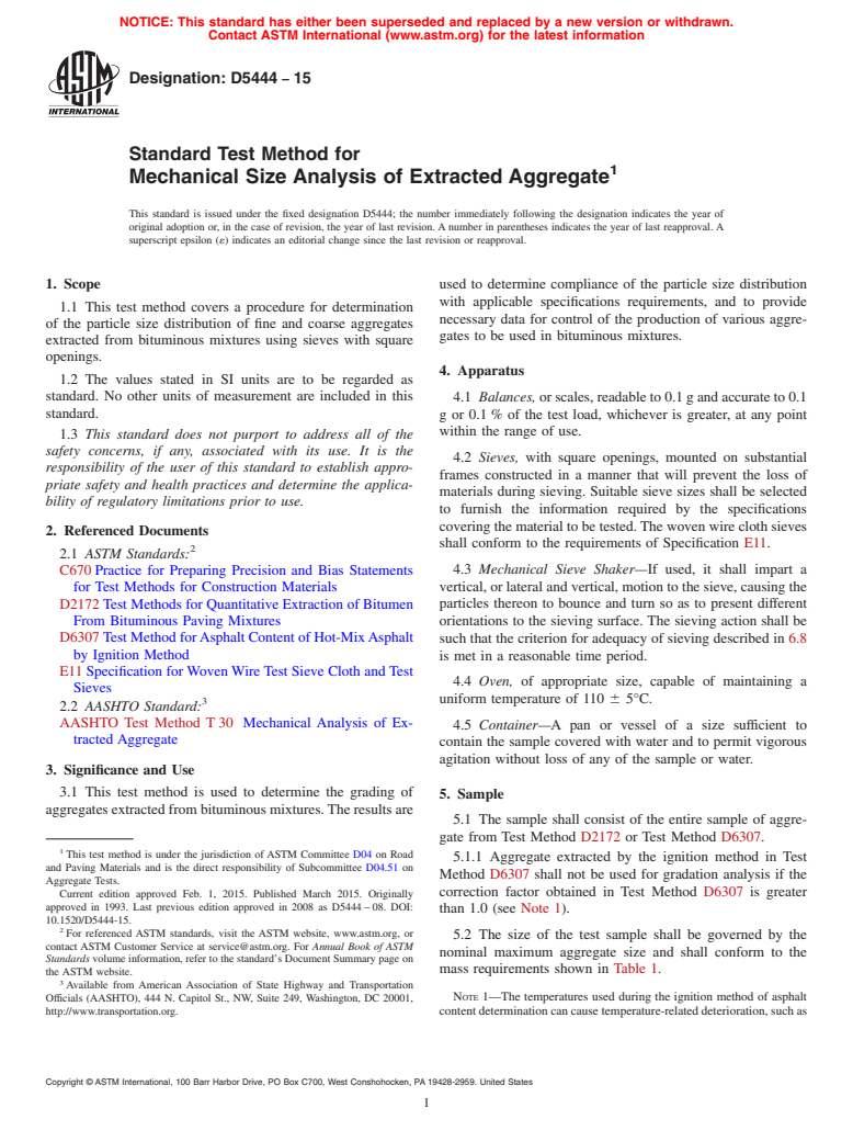 ASTM D5444-15 - Standard Test Method for  Mechanical Size Analysis of Extracted Aggregate