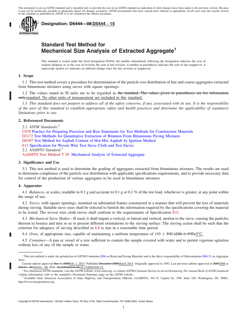 REDLINE ASTM D5444-15 - Standard Test Method for  Mechanical Size Analysis of Extracted Aggregate