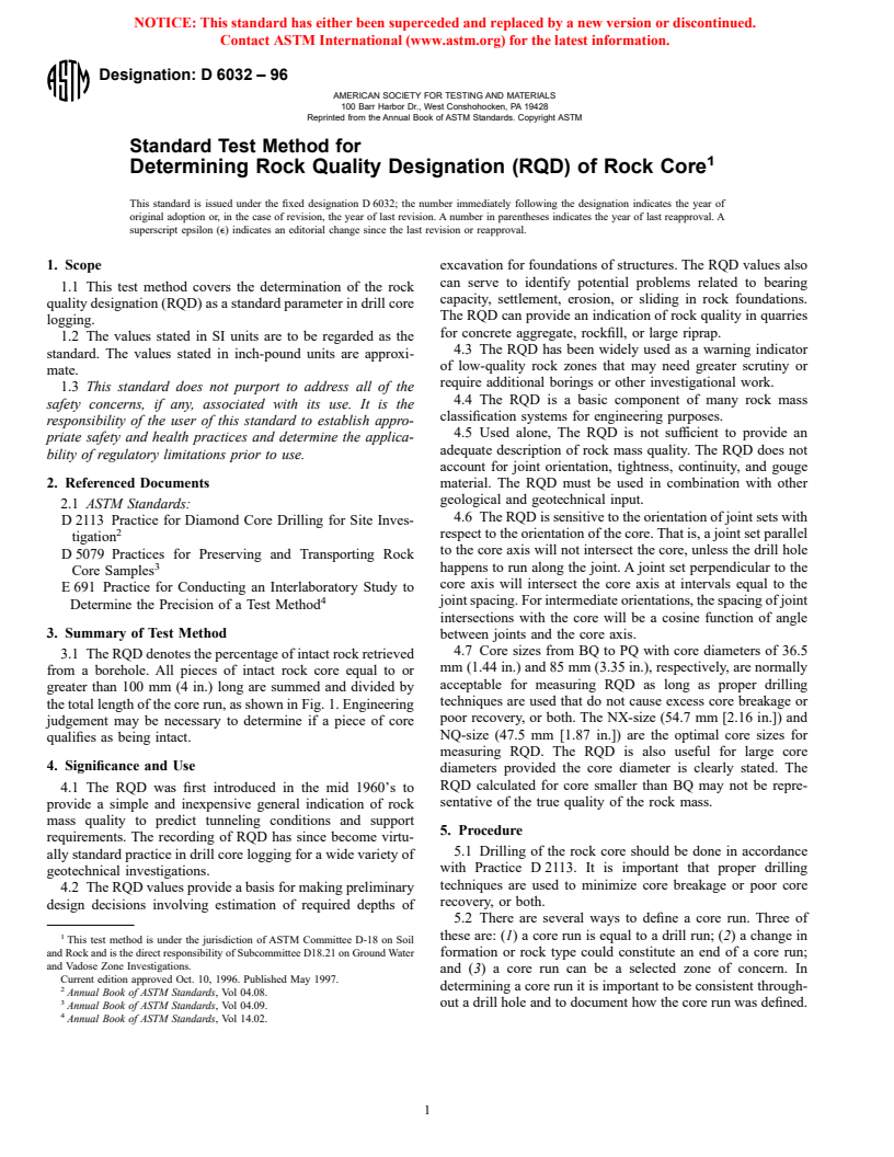 ASTM D6032-96 - Standard Test Method for Determining Rock Quality Designation (RQD) of Rock Core