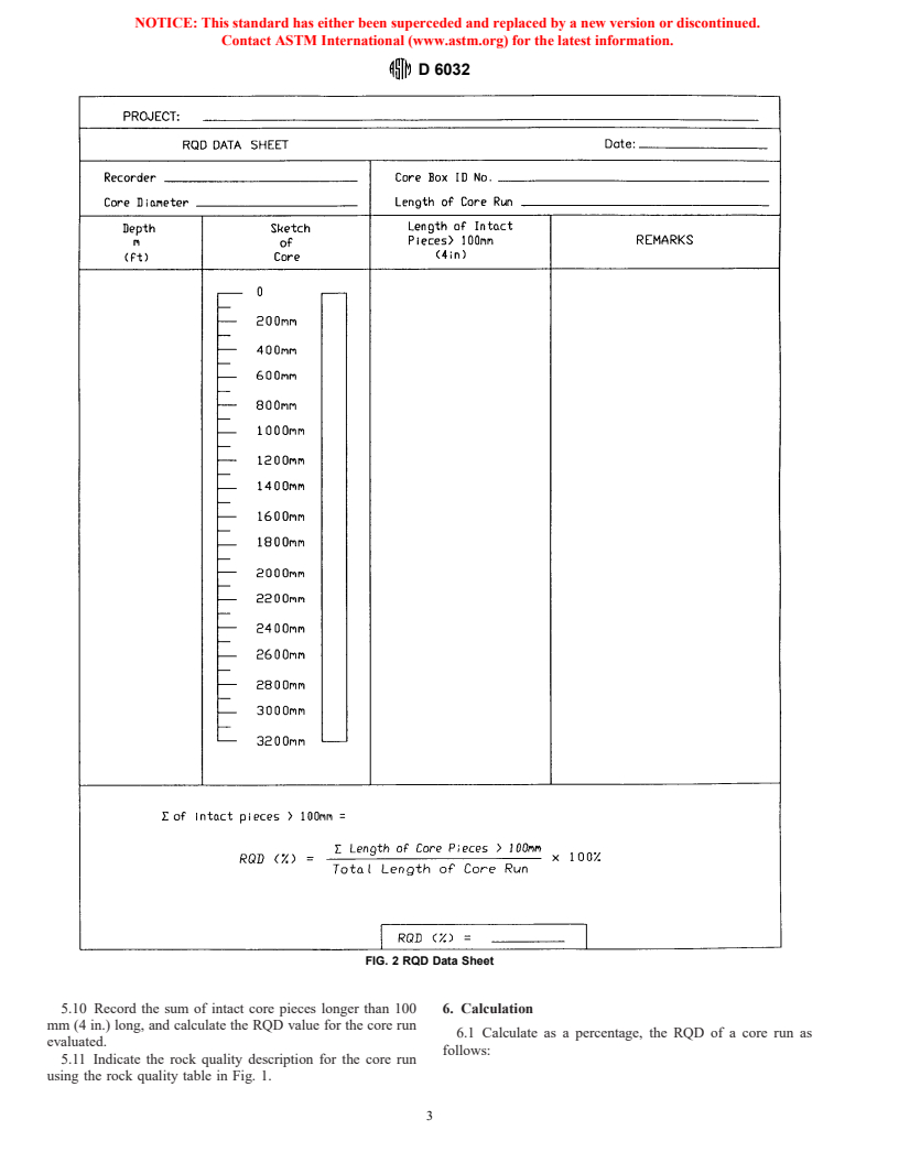 ASTM D6032-96 - Standard Test Method for Determining Rock Quality Designation (RQD) of Rock Core