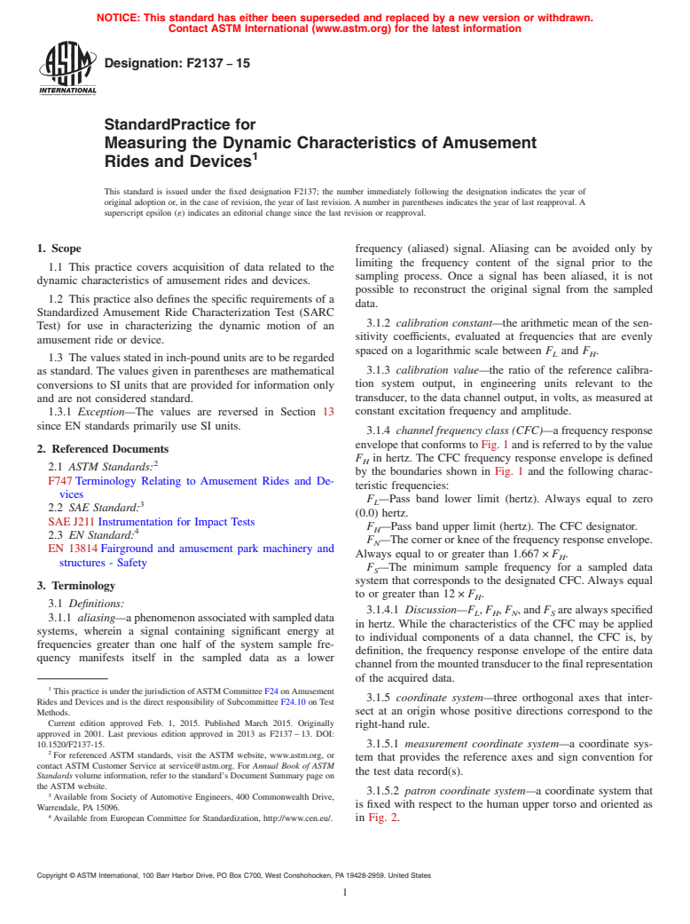 ASTM F2137-15 - Standard Practice for  Measuring the Dynamic Characteristics of Amusement Rides and  Devices