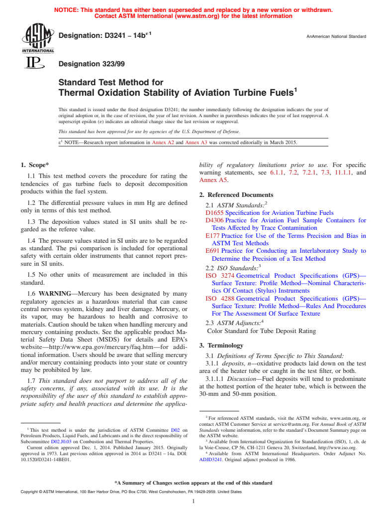 ASTM D3241-14be1 - Standard Test Method for Thermal Oxidation Stability of Aviation Turbine Fuels