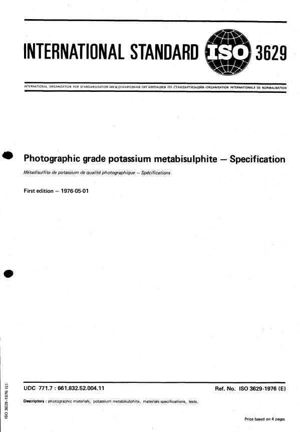ISO 3629:1976 - Photographic grade potassium metabisulphite -- Specification