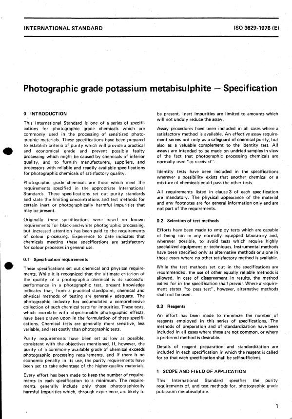 ISO 3629:1976 - Photographic grade potassium metabisulphite -- Specification