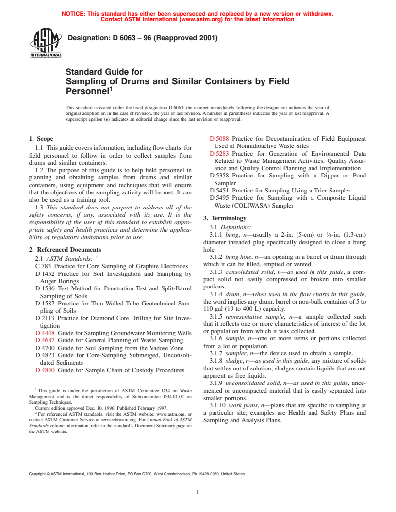 ASTM D6063-96(2001) - Standard Guide for Sampling of Drums and Similar Containers by Field Personnel