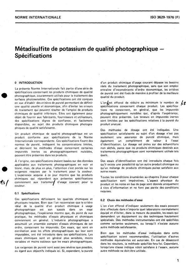 ISO 3629:1976 - Métadisulfite de potassium de qualité photographique -- Spécifications