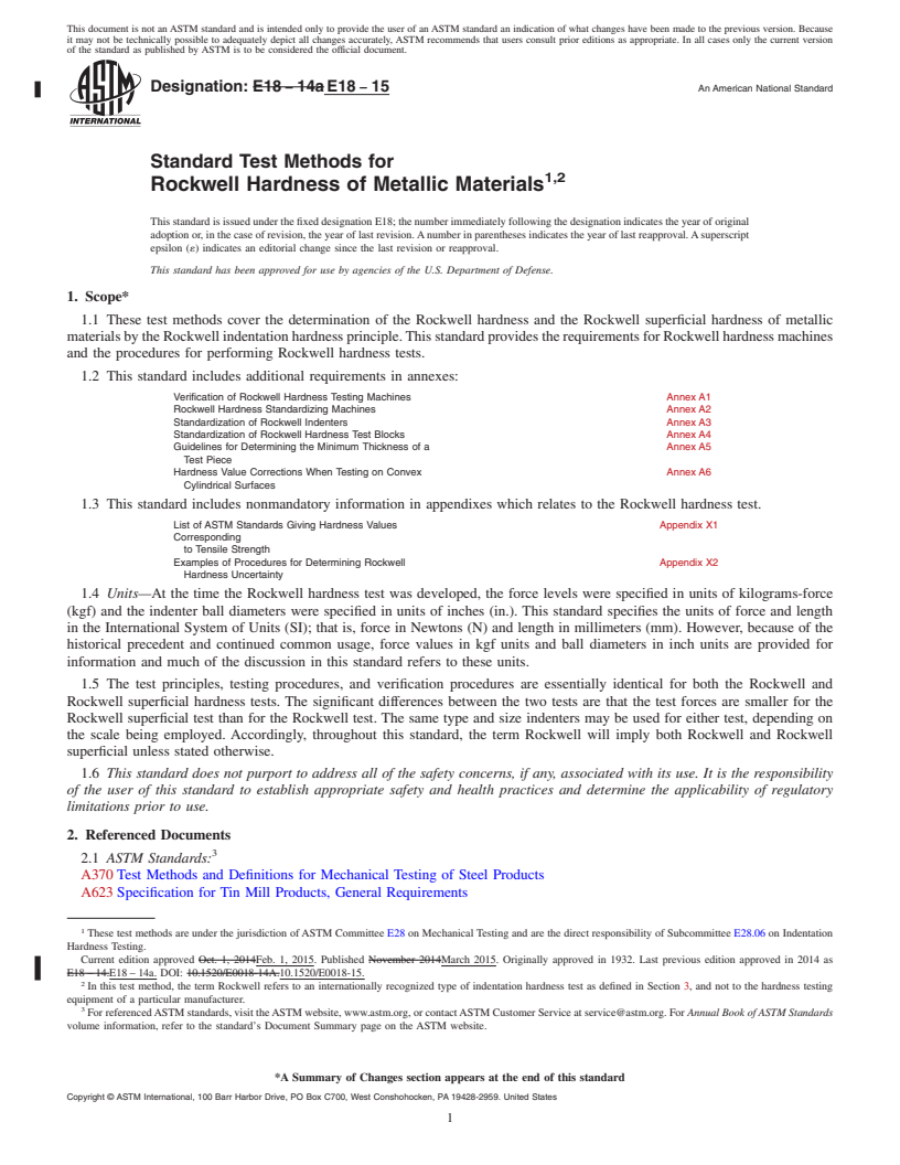 REDLINE ASTM E18-15 - Standard Test Methods for Rockwell Hardness of Metallic Materials