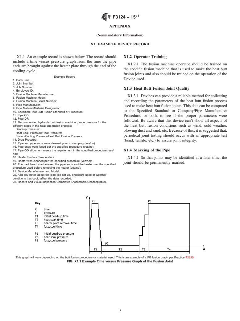 ASTM F3124-15e1 - Standard Practice for Data Recording the Procedure used to Produce Heat Butt Fusion  Joints in Plastic Piping Systems or Fittings