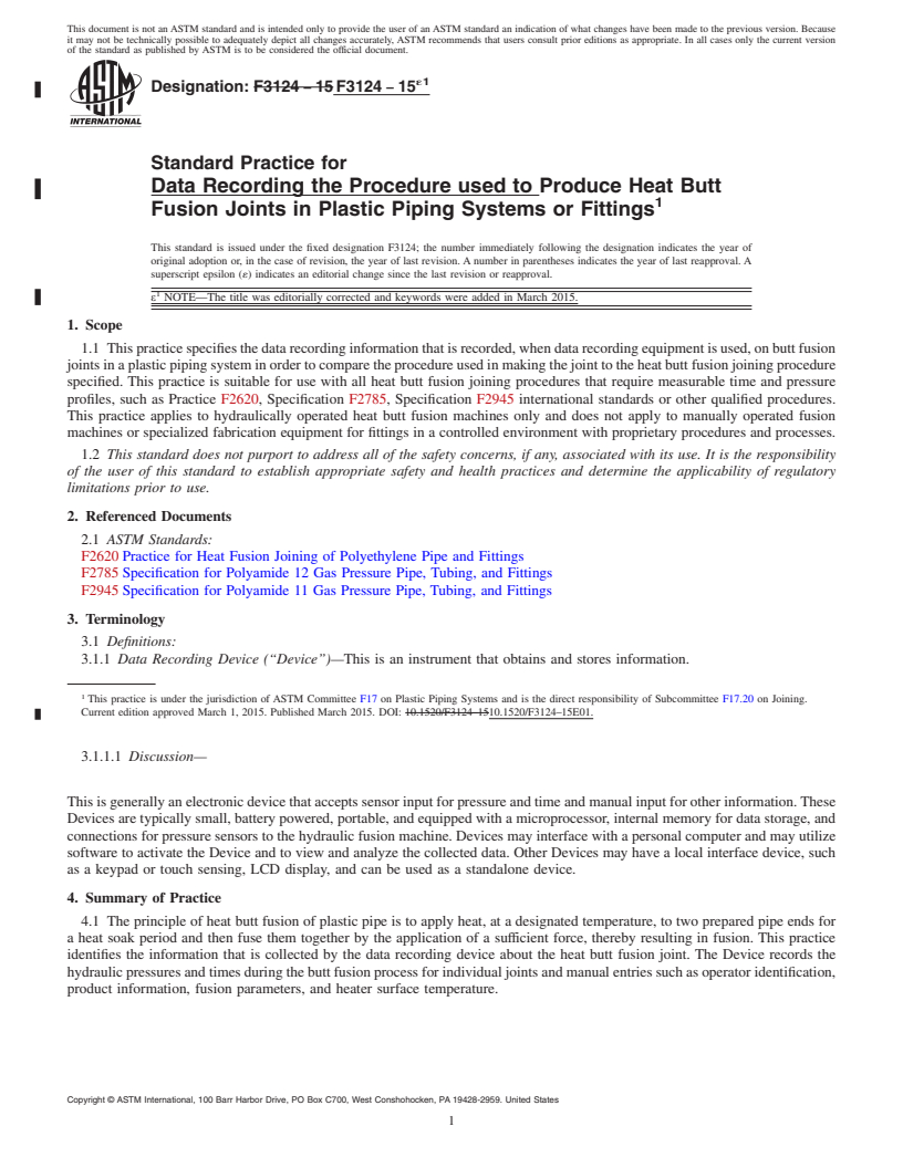 REDLINE ASTM F3124-15e1 - Standard Practice for Data Recording the Procedure used to Produce Heat Butt Fusion  Joints in Plastic Piping Systems or Fittings