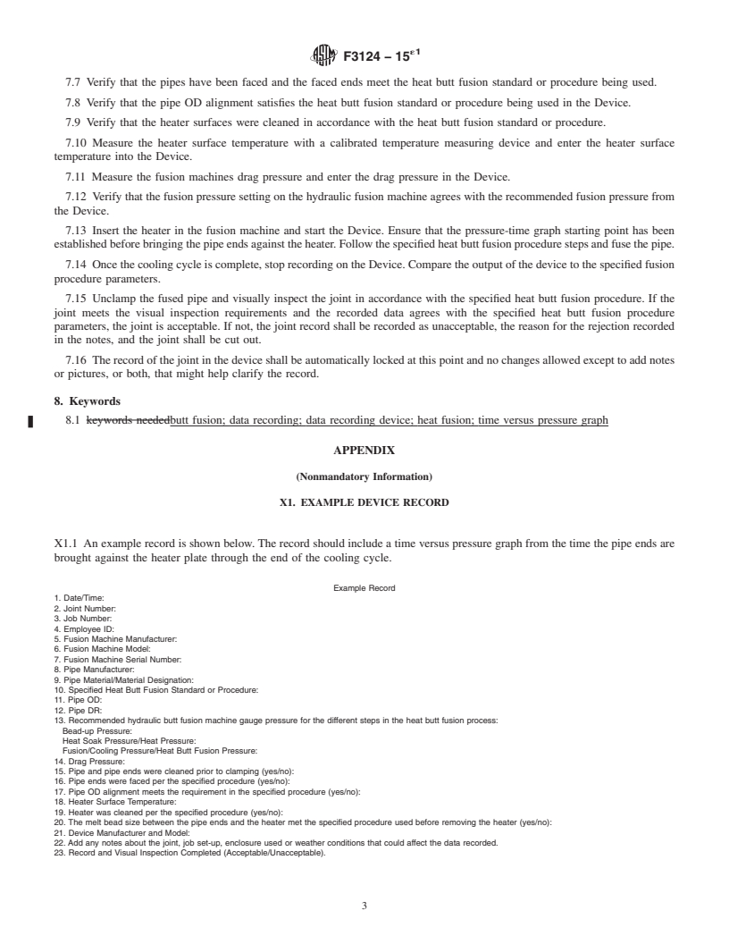 REDLINE ASTM F3124-15e1 - Standard Practice for Data Recording the Procedure used to Produce Heat Butt Fusion  Joints in Plastic Piping Systems or Fittings