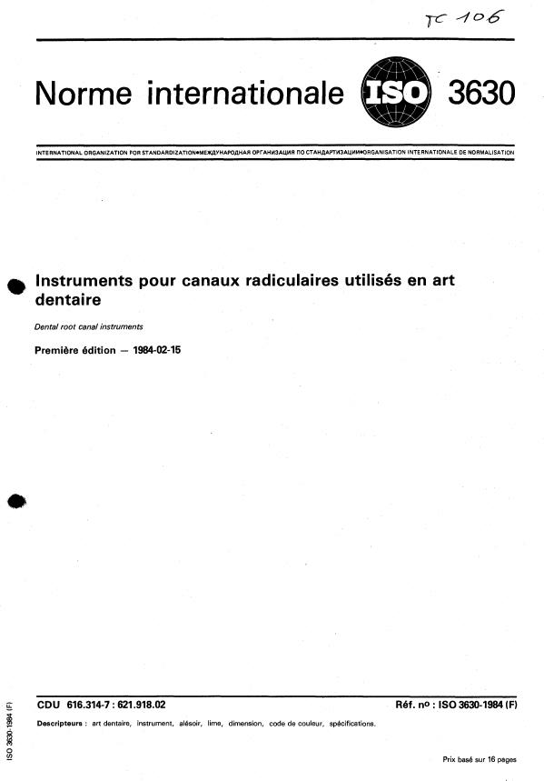 ISO 3630:1984 - Instruments pour canaux radiculaires utilisés en art dentaire