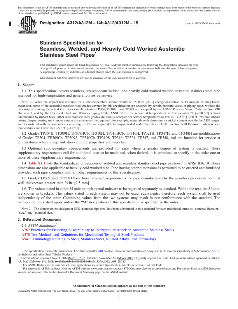 REDLINE ASTM A312/A312M-15 - Standard Specification for  Seamless, Welded, and Heavily Cold Worked Austenitic Stainless  Steel Pipes