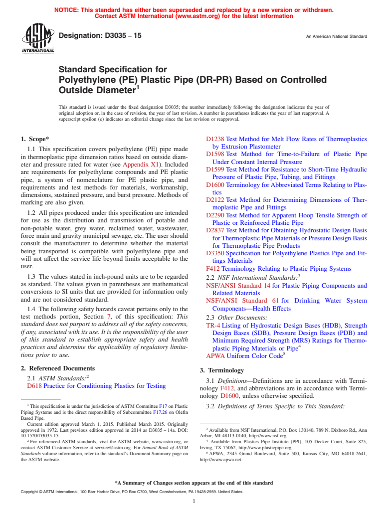 ASTM D3035-15 - Standard Specification for  Polyethylene (PE) Plastic Pipe (DR-PR) Based on Controlled   Outside Diameter