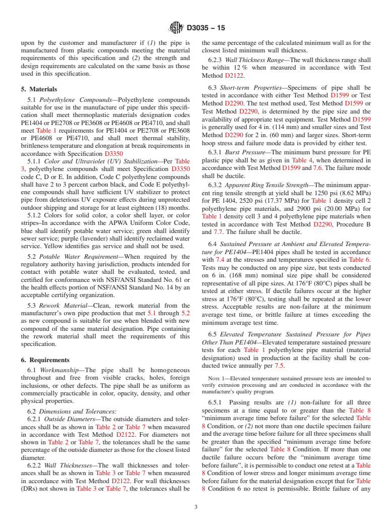 ASTM D3035-15 - Standard Specification for  Polyethylene (PE) Plastic Pipe (DR-PR) Based on Controlled   Outside Diameter