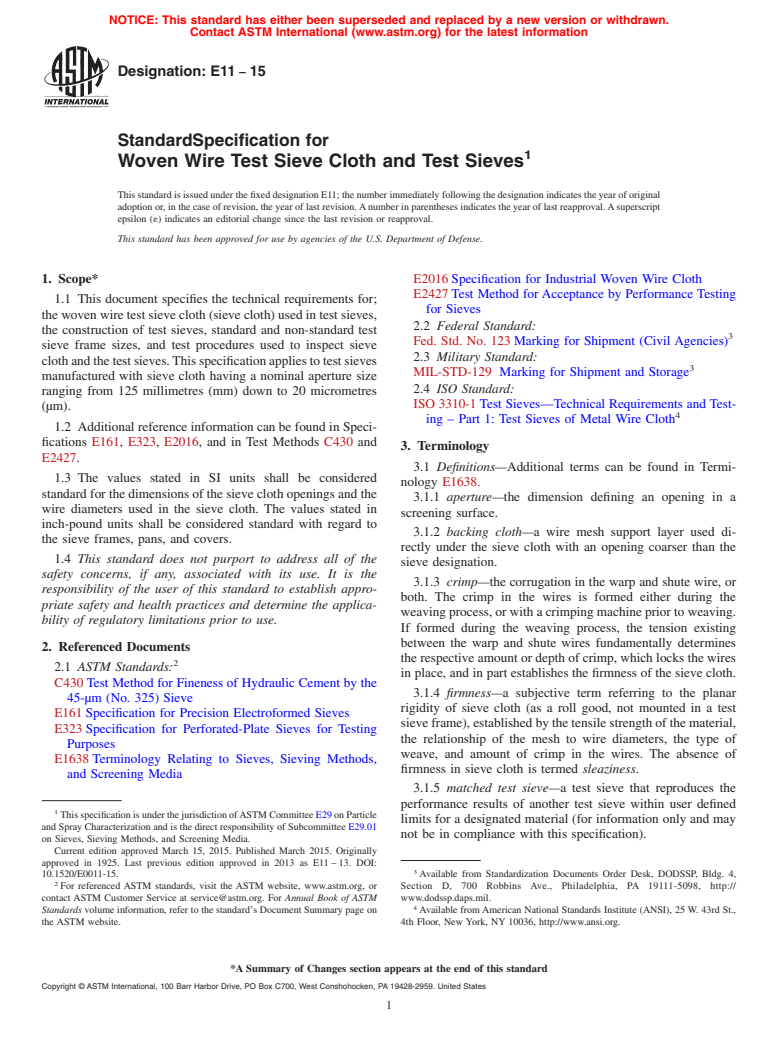 ASTM E11-15 - Standard Specification for  Woven Wire Test Sieve Cloth and Test Sieves