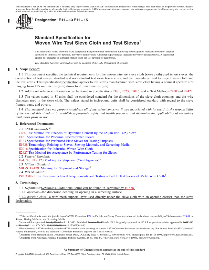 REDLINE ASTM E11-15 - Standard Specification for  Woven Wire Test Sieve Cloth and Test Sieves