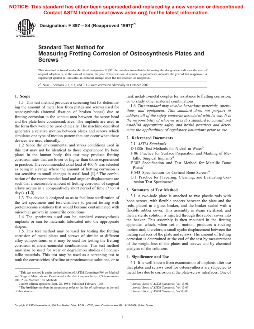 ASTM F897-84(1997) - Standard Test Method for Measuring Fretting Corrosion of Osteosynthesis Plates and Screws