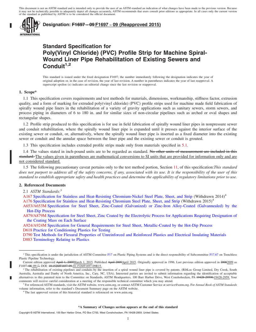 REDLINE ASTM F1697-09(2015) - Standard Specification for Poly(Vinyl Chloride) (PVC) Profile Strip for Machine Spiral-Wound   Liner Pipe Rehabilitation of Existing Sewers and Conduit