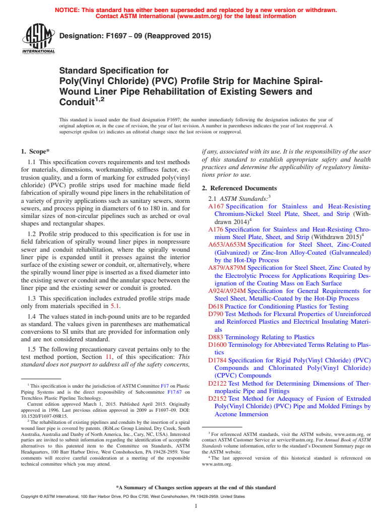 ASTM F1697-09(2015) - Standard Specification for Poly(Vinyl Chloride) (PVC) Profile Strip for Machine Spiral-Wound   Liner Pipe Rehabilitation of Existing Sewers and Conduit