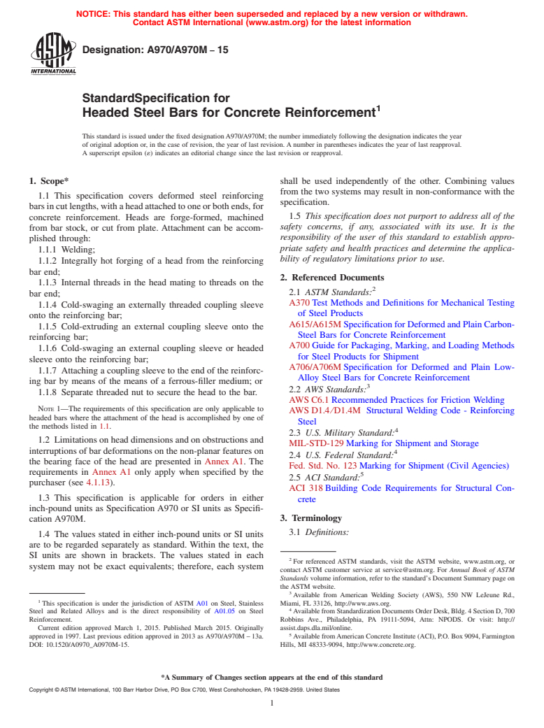 ASTM A970/A970M-15 - Standard Specification for  Headed Steel Bars for Concrete Reinforcement