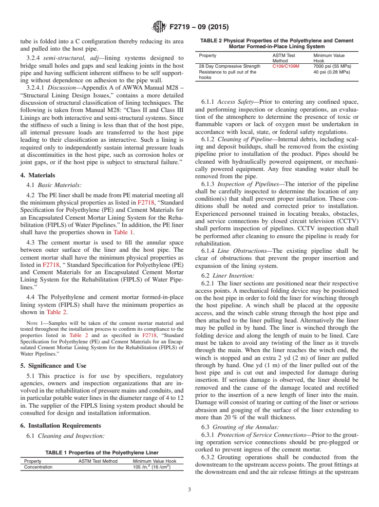 ASTM F2719-09(2015) - Standard Practice for Installation of Polyethylene (PE) and Encapsulated Cement Mortar   Formed  in Place Lining System (FIPLS) for the Rehabilitation of  Water  Pipelines (Withdrawn 2022)