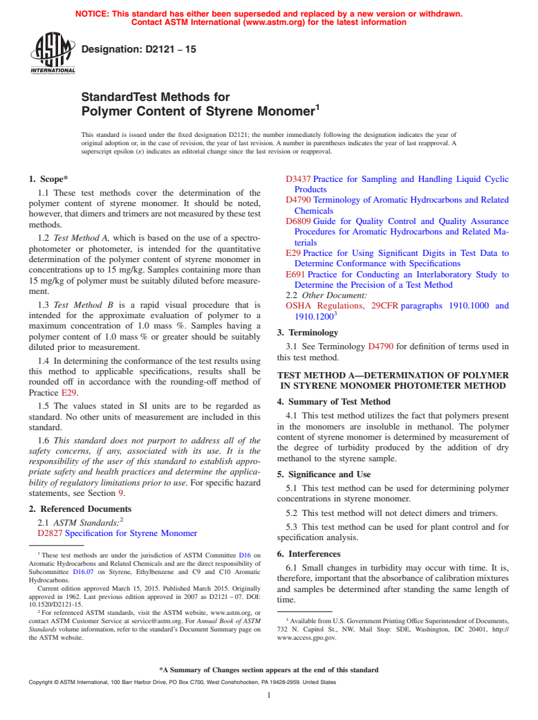 ASTM D2121-15 - Standard Test Methods for Polymer Content of Styrene Monomer