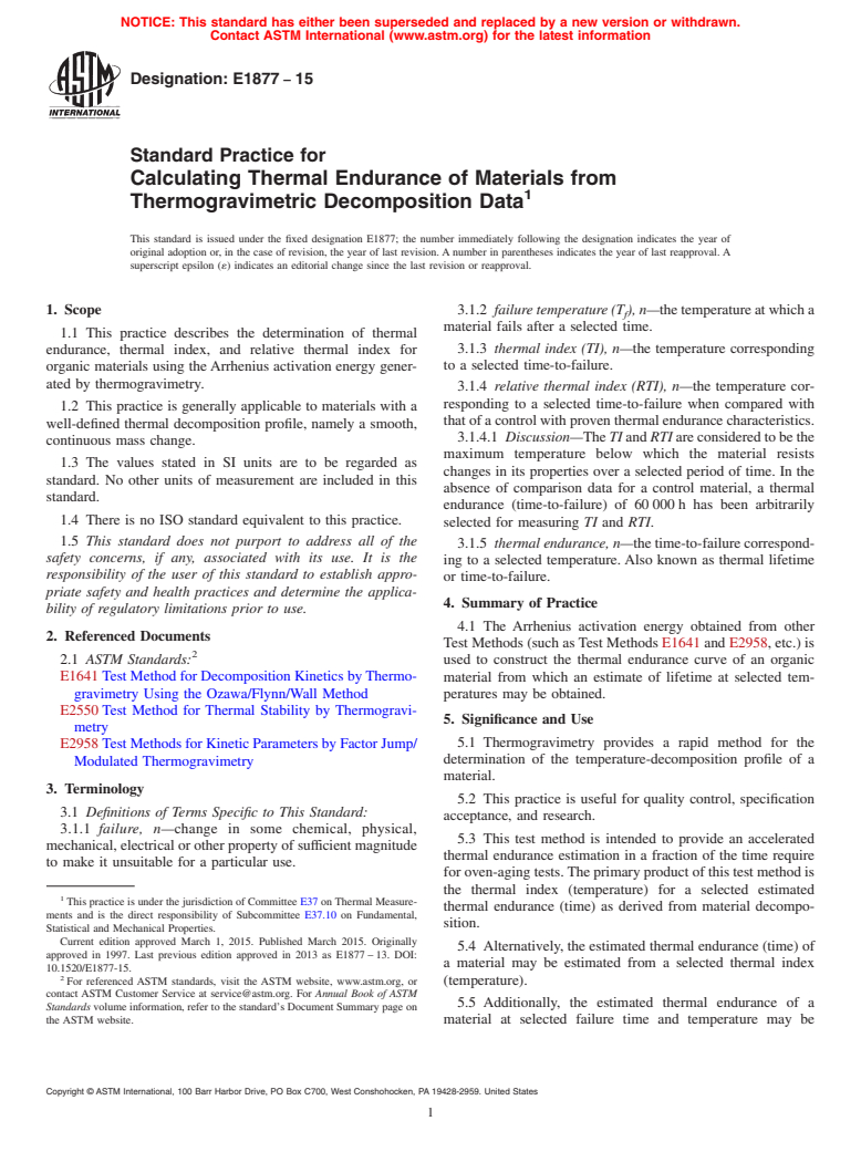 ASTM E1877-15 - Standard Practice for  Calculating Thermal Endurance of Materials from Thermogravimetric   Decomposition Data