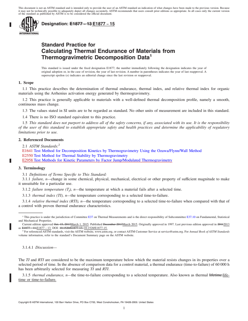 REDLINE ASTM E1877-15 - Standard Practice for  Calculating Thermal Endurance of Materials from Thermogravimetric   Decomposition Data