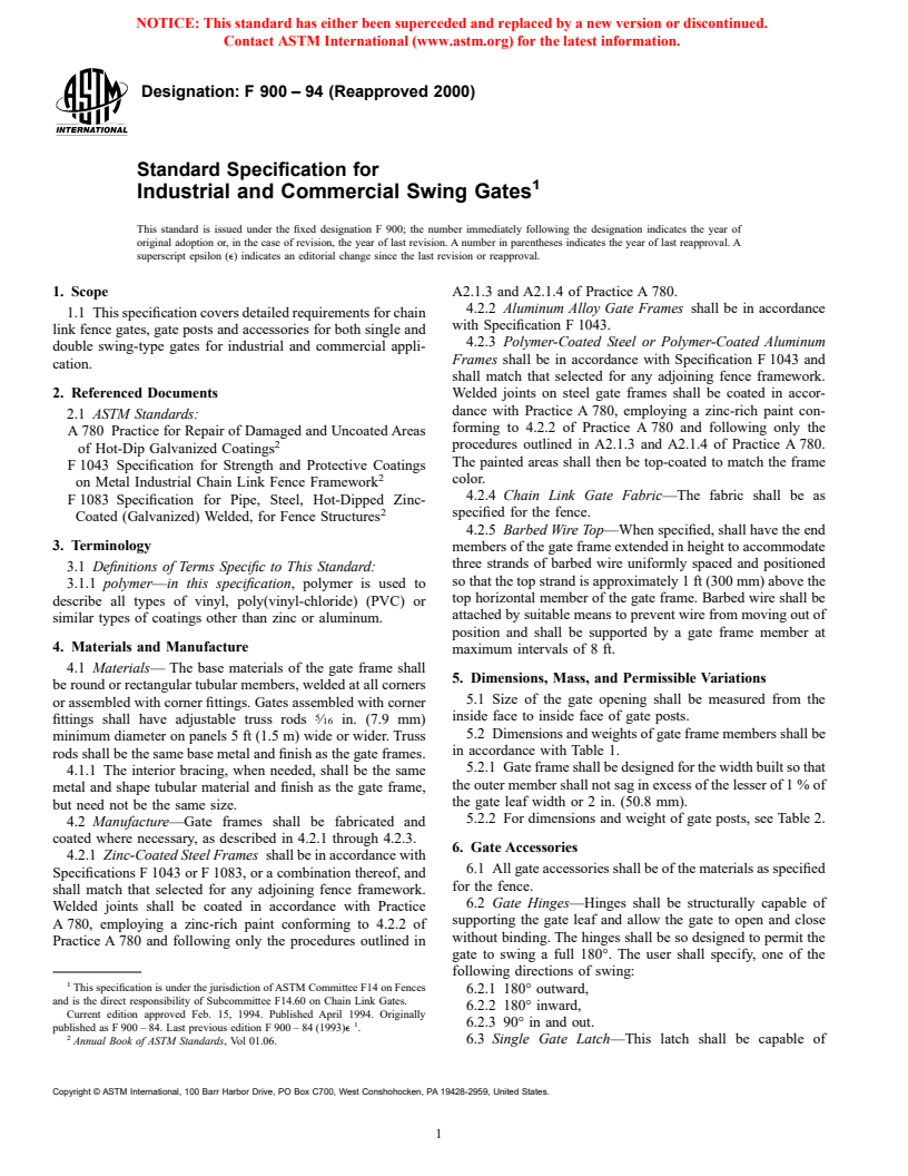 ASTM F900-94(2000) - Standard Specification for Industrial and Commercial Swing Gates