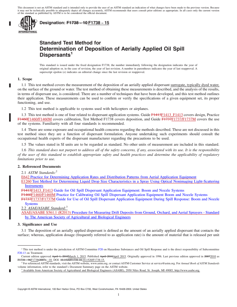 REDLINE ASTM F1738-15 - Standard Test Method for  Determination of Deposition of Aerially Applied Oil Spill Dispersants