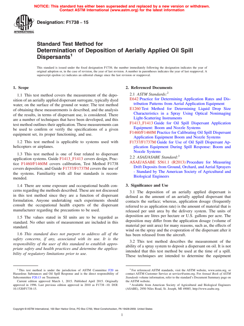 ASTM F1738-15 - Standard Test Method for  Determination of Deposition of Aerially Applied Oil Spill Dispersants