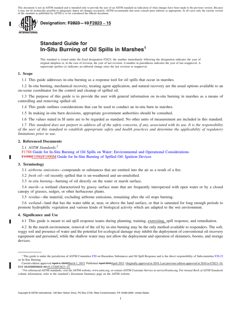 REDLINE ASTM F2823-15 - Standard Guide for  In-Situ Burning of Oil Spills in Marshes