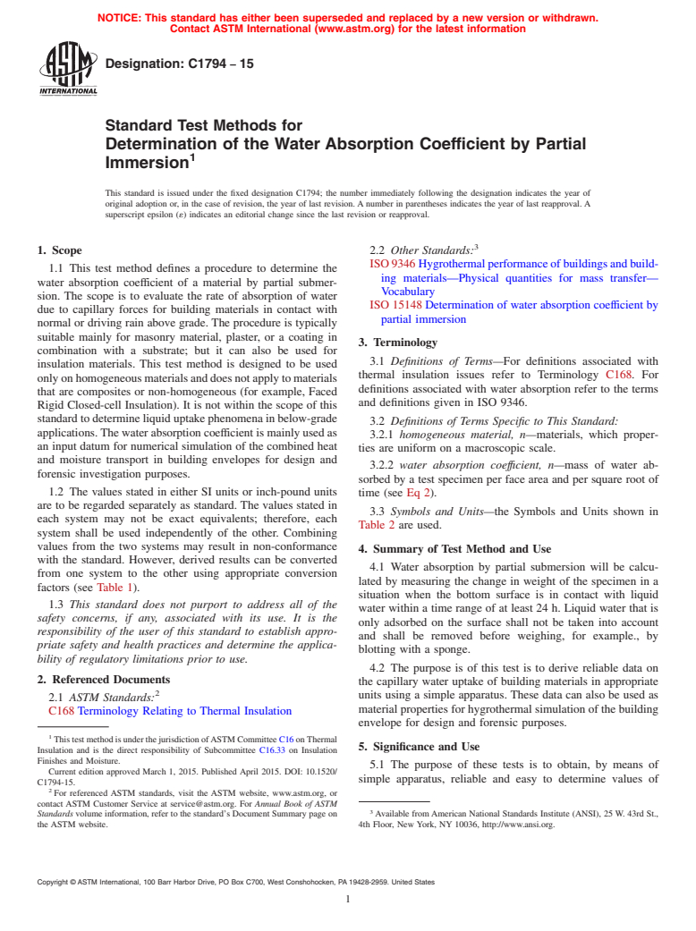 ASTM C1794-15 - Standard Test Methods for Determination of the Water Absorption Coefficient by Partial  Immersion