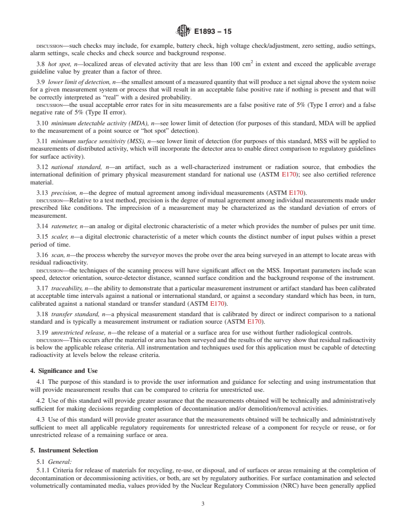 REDLINE ASTM E1893-15 - Standard Guide for  Selection and Use of Portable Radiological Survey Instruments  for Performing In Situ Radiological Assessments to Support Unrestricted  Release from Further Regulatory Controls