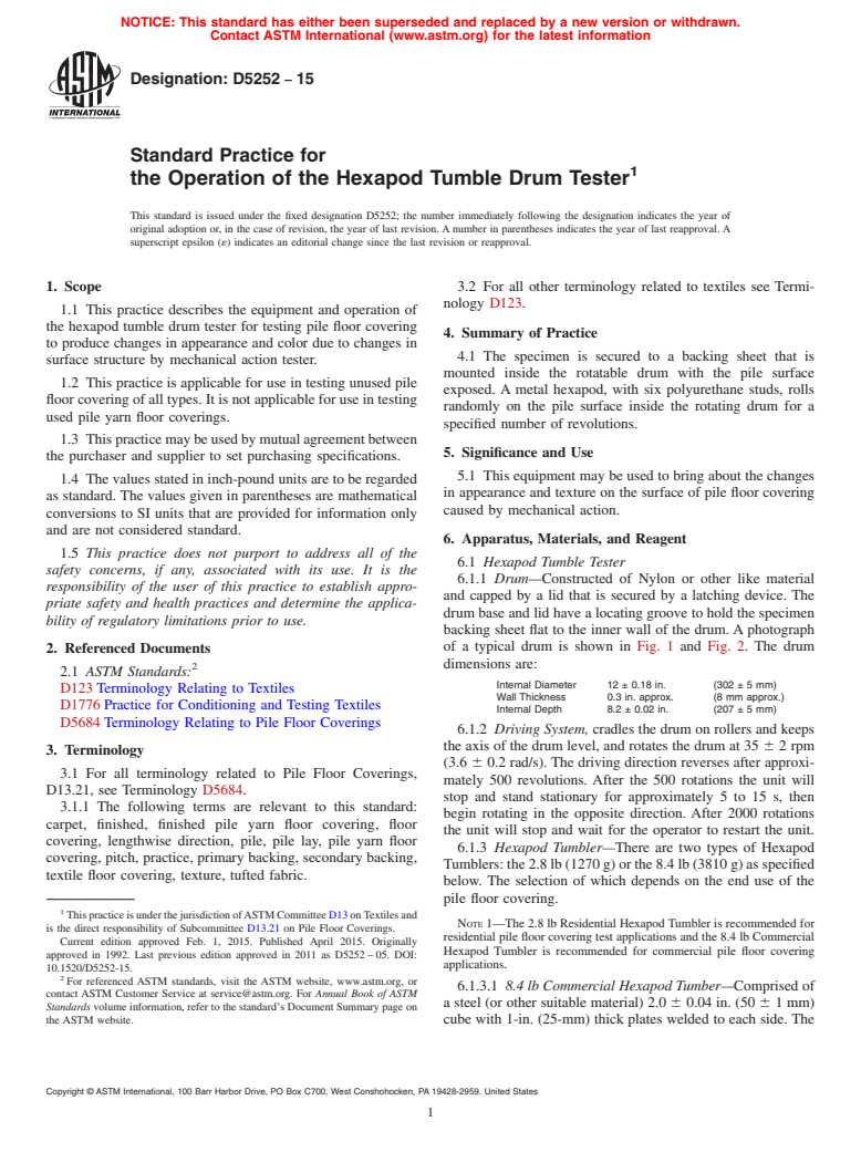 ASTM D5252-15 - Standard Practice for  the Operation of the Hexapod Tumble Drum Tester