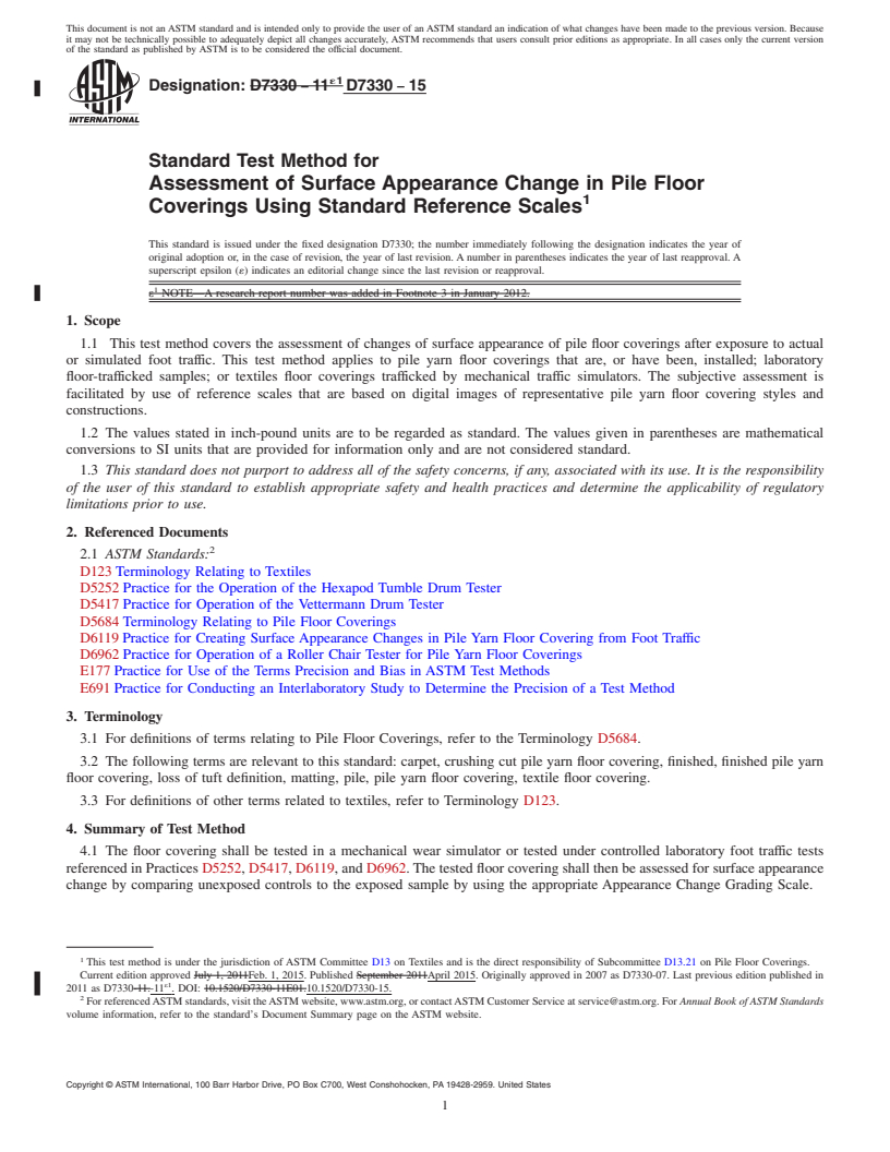 REDLINE ASTM D7330-15 - Standard Test Method for  Assessment of Surface Appearance Change in Pile Floor Coverings  Using Standard Reference Scales