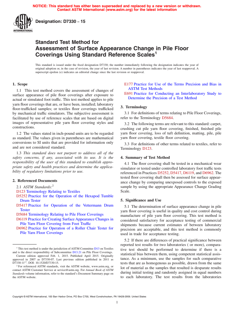 ASTM D7330-15 - Standard Test Method for  Assessment of Surface Appearance Change in Pile Floor Coverings  Using Standard Reference Scales