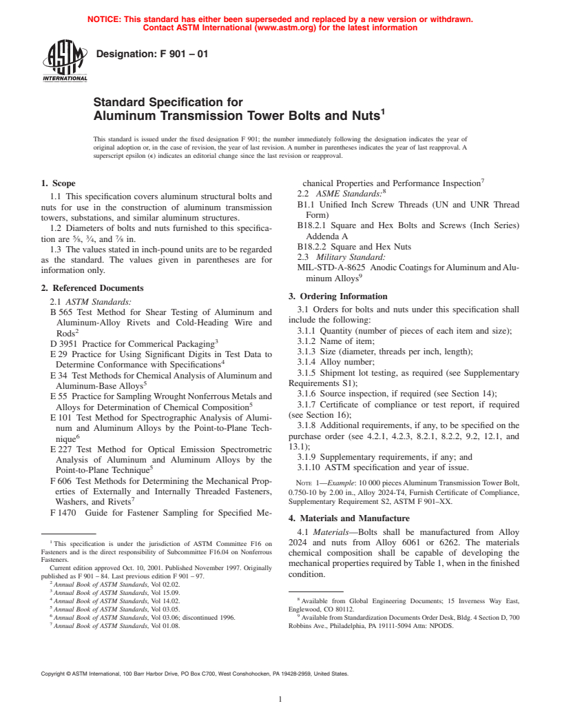 ASTM F901-01 - Standard Specification for Aluminum Transmission Tower Bolts and Nuts