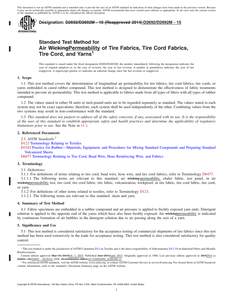 REDLINE ASTM D2692/D2692M-15 - Standard Test Method for  Air Permeability of Tire Fabrics, Tire Cord Fabrics, Tire Cord,  and Yarns