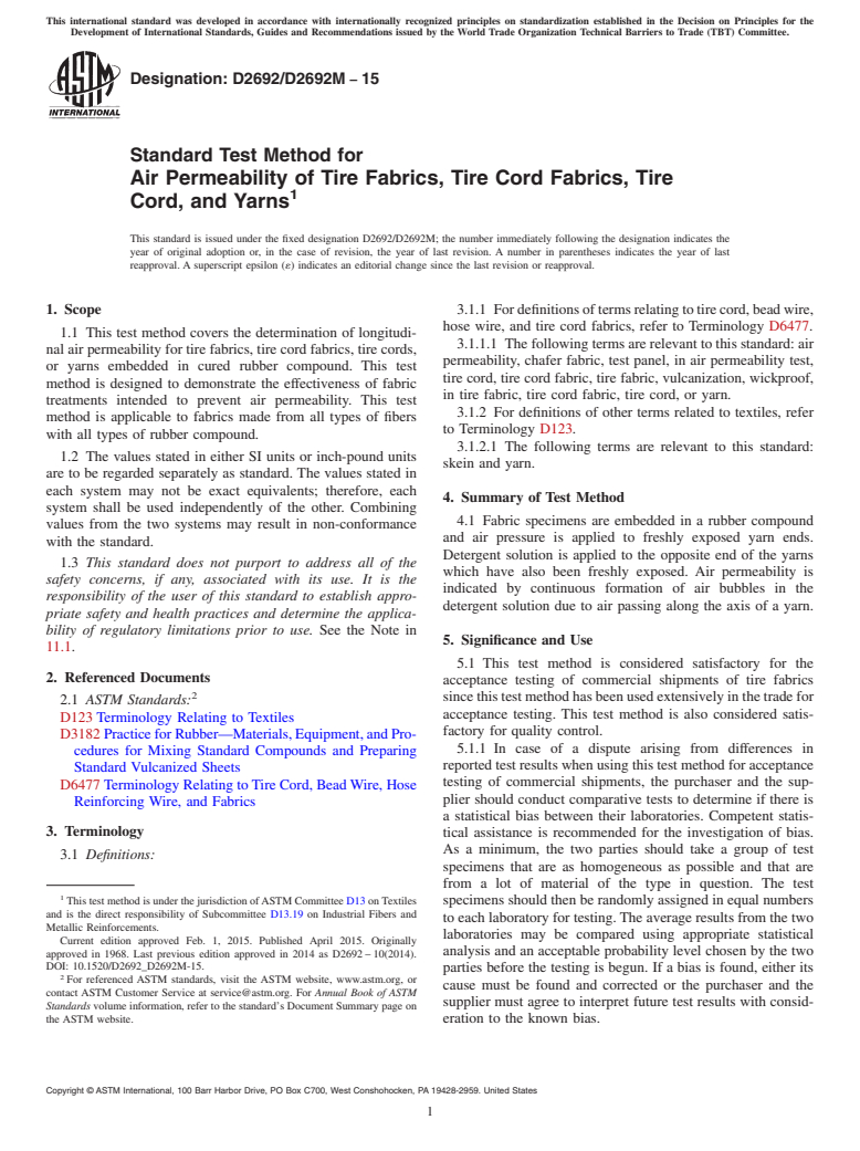 ASTM D2692/D2692M-15 - Standard Test Method for  Air Permeability of Tire Fabrics, Tire Cord Fabrics, Tire Cord,  and Yarns